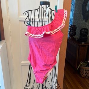 J Crew One Shoulder Hot Pink Ruffle Ric Rac One-piece Swimsuit-Size 8